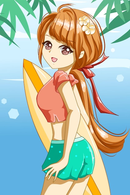 Beautiful girl with surfing board in the summer character cartoon illustration