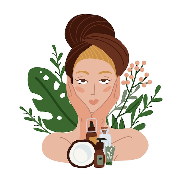 Bella ragazza con cosmetici naturali asciugamano e cocco, piante e fiori sullo sfondo. illustrazione piatta.