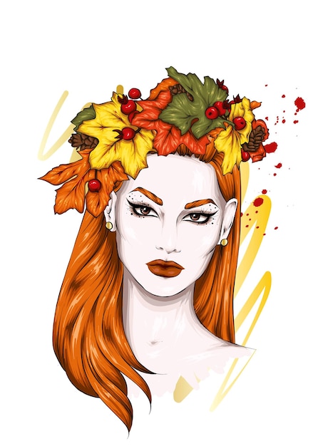 Vector beautiful girl in a wreath of autumn leaves