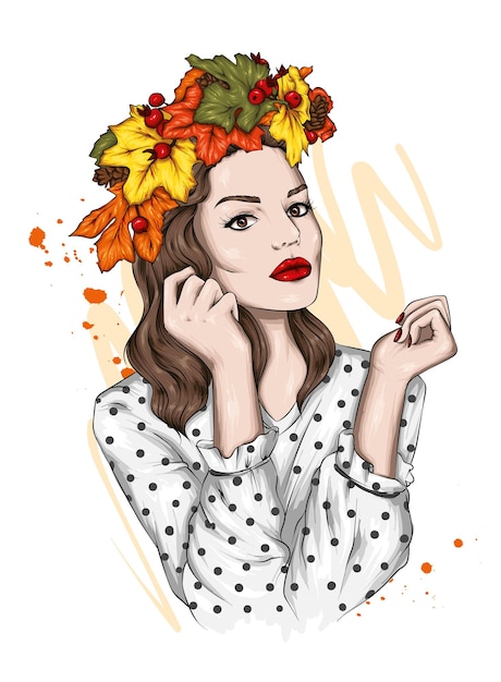 Beautiful girl in a wreath of autumn leaves