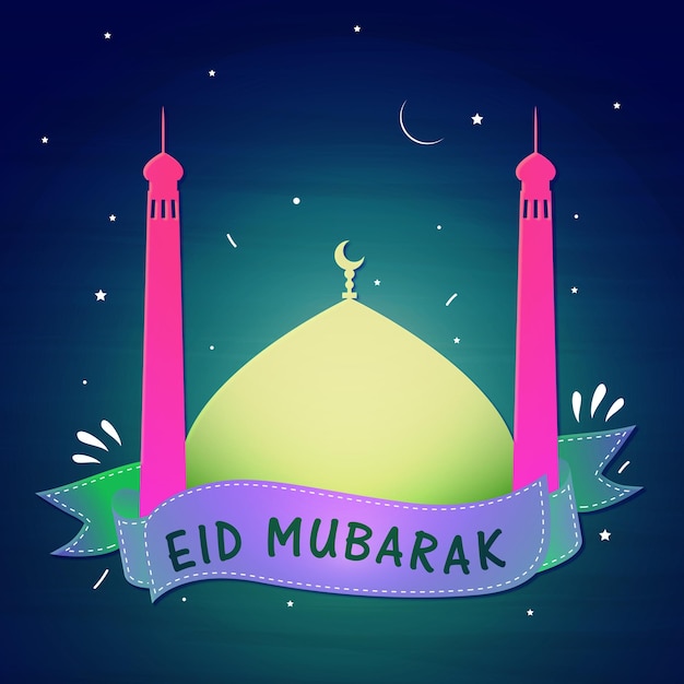 Vector beautiful glossy mosque with ribbon on shiny blue background for muslim community festival eid mubarak celebration