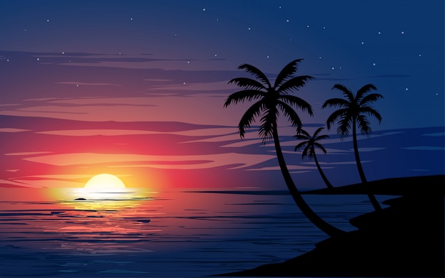 Vettore bellissimo tramonto incandescente in spiaggia tropicale