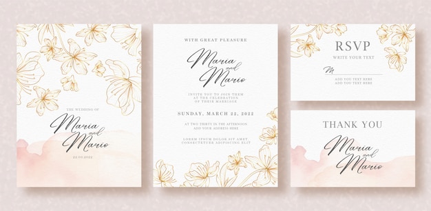 Beautiful gold flowers line art on wedding card template