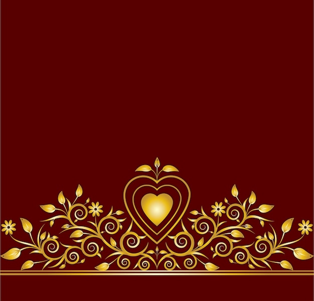 Beautiful golden floral ornament frame vector around with heart on dark fuchsia color