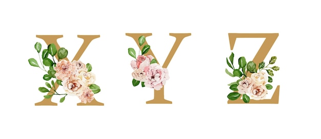 Beautiful golden holiday letters decorated with watercolor flowers