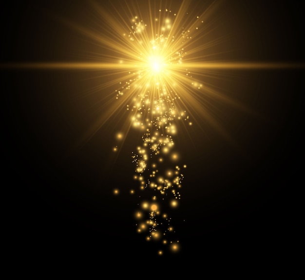 Beautiful golden illustration of a star on a translucent background with gold dust and glitters.