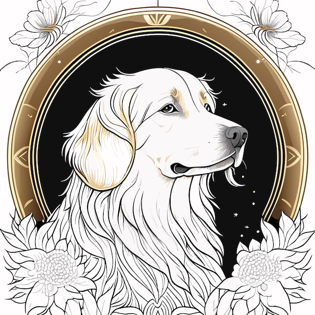 Vector beautiful golden retriever clean line art realistic sketch on paper