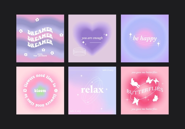 Beautiful gradient postcards with hearts, quotes, butterflies, flowers, waves and stars