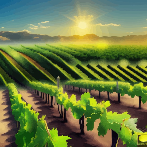 Vector beautiful grape plantation hills trees clouds against backdrop of mountains on the horizon vector