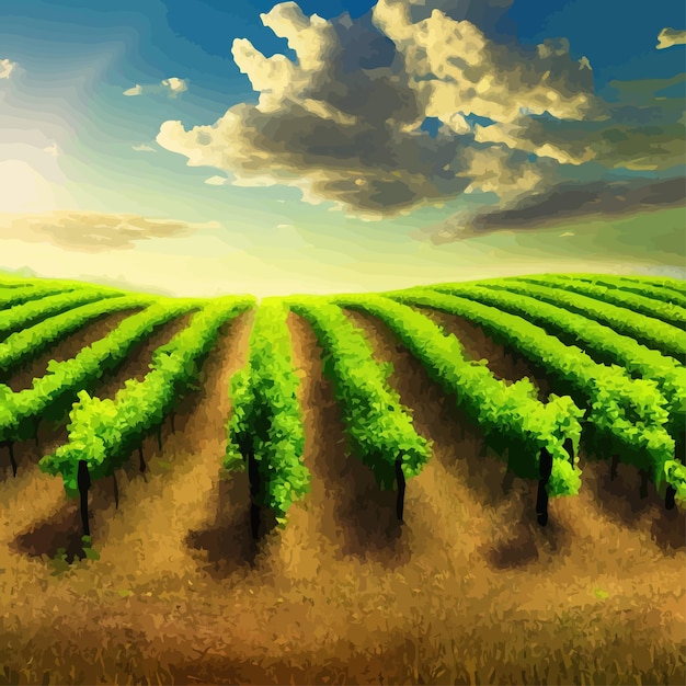 Vector beautiful grape plantation hills trees clouds against backdrop of mountains on the horizon vector