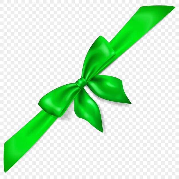 Beautiful green bow with diagonally ribbon with shadow isolated on transparent background