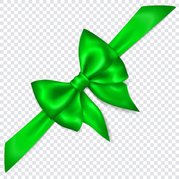 Vector beautiful green bow with diagonally ribbon with shadow on transparent background. transparency only in vector format