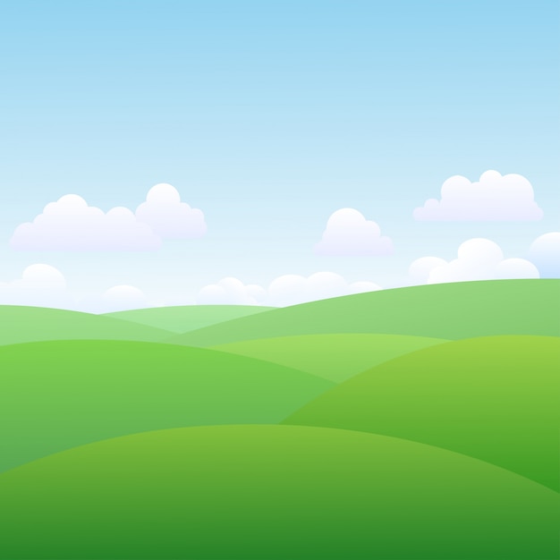 Vector beautiful green landscape with clouds, blue sky and green meadow