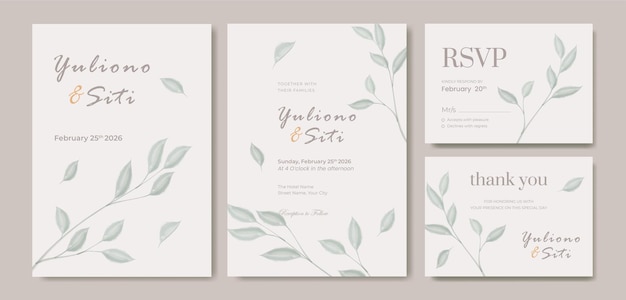 beautiful green leaves watercolor double side wedding invitation template premium vector