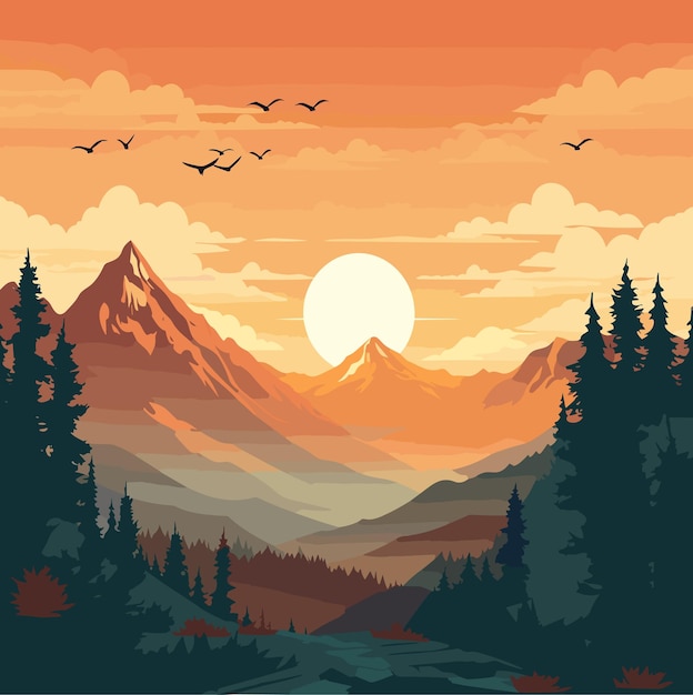 Vector beautiful green mountain evening landscape vector flat illustration