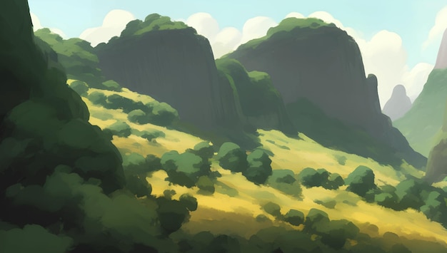 Beautiful green mountains scenery detailed hand drawn painting illustration