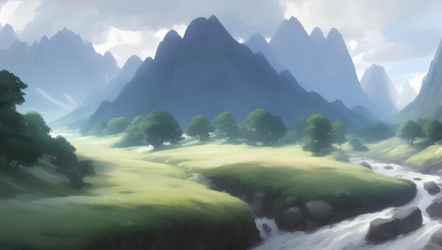 Beautiful Green Nature Mountains and River Scenery Detailed Hand Drawn Painting Illustration