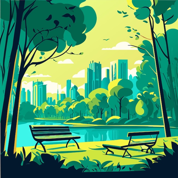 Vector beautiful green park near the lake with a bench surrounded by trees vector illustration