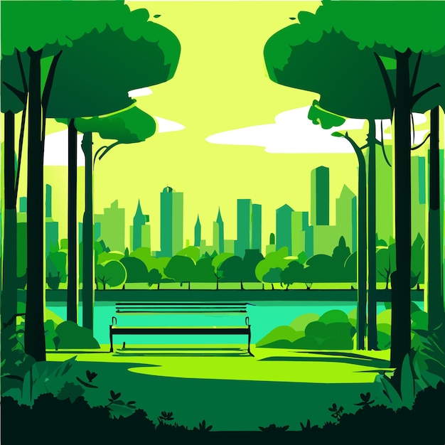 Vector beautiful green park near the lake with a bench surrounded by trees vector illustration
