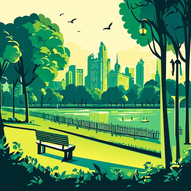 Vector beautiful green park near the lake with a bench surrounded by trees vector illustration