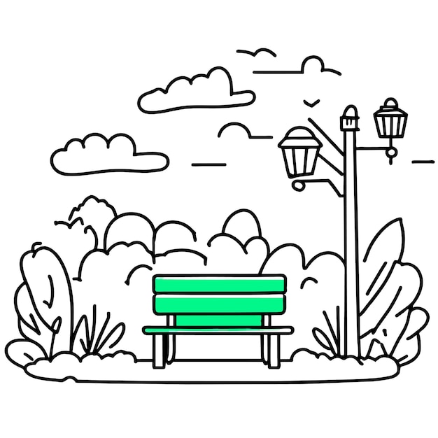 Vector beautiful green park near the lake with a bench surrounded by trees vector illustration