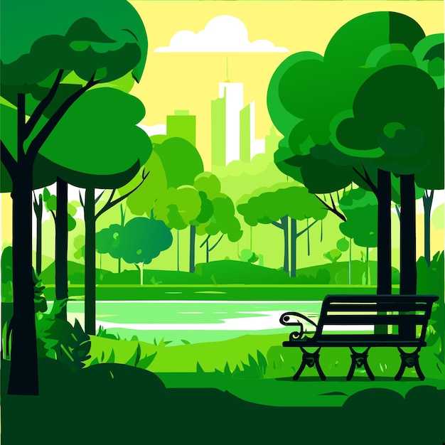Vettore bellissimo parco verde vicino al lago con una panchina circondata da alberi illustrazione vettoriale