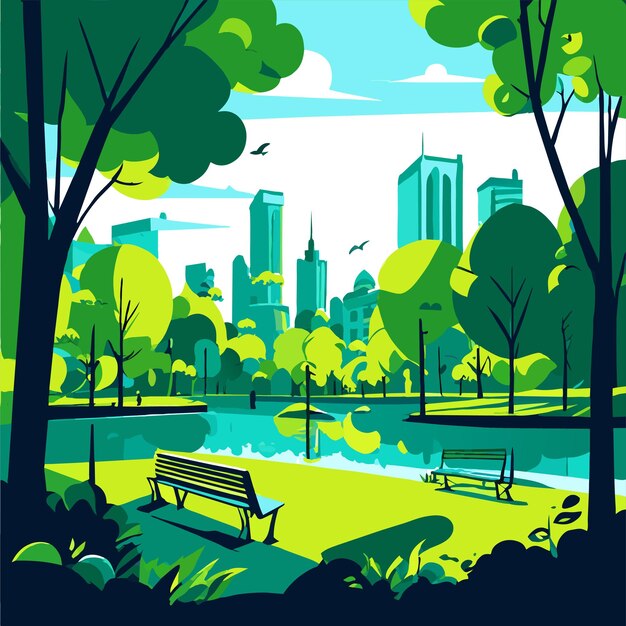 красивый зеленый парк возле озера со скамейкой, окруженной деревьями, векторная иллюстрация
