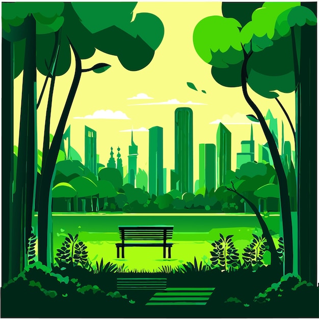 beautiful green park near the lake with a bench surrounded by trees vector illustration