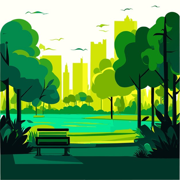 beautiful green park near the lake with a bench surrounded by trees vector illustration