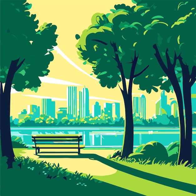 Vector beautiful green park near the lake with a bench surrounded by trees vector illustration