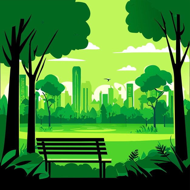 beautiful green park near the lake with a bench surrounded by trees vector illustration