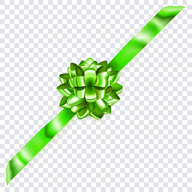 Beautiful green shiny bow with diagonally ribbon with shadow on transparent background