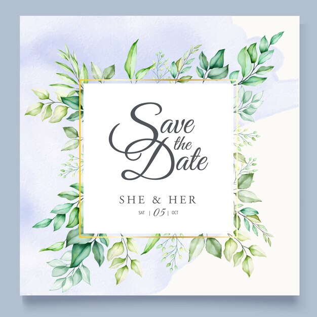 beautiful green watercolor leaves wedding card template