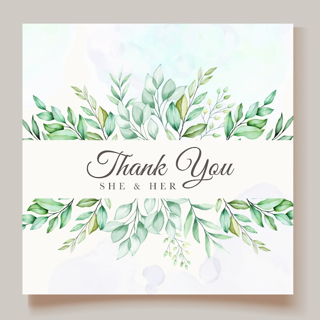 beautiful green watercolor leaves wedding card template