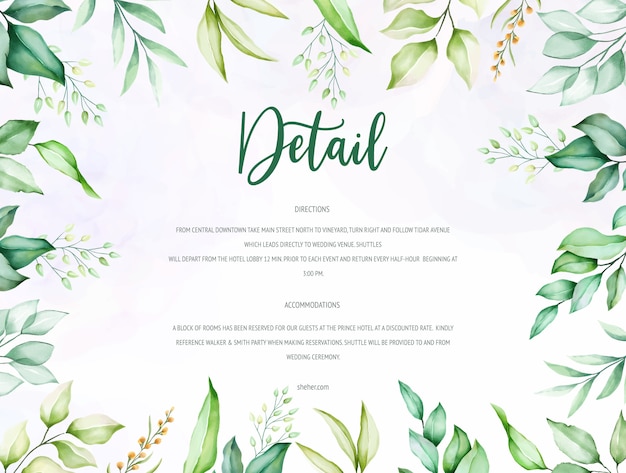 beautiful green watercolor leaves wedding card template