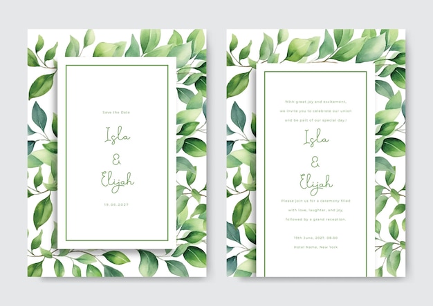 Beautiful greenery leaves frame wedding invitation card template