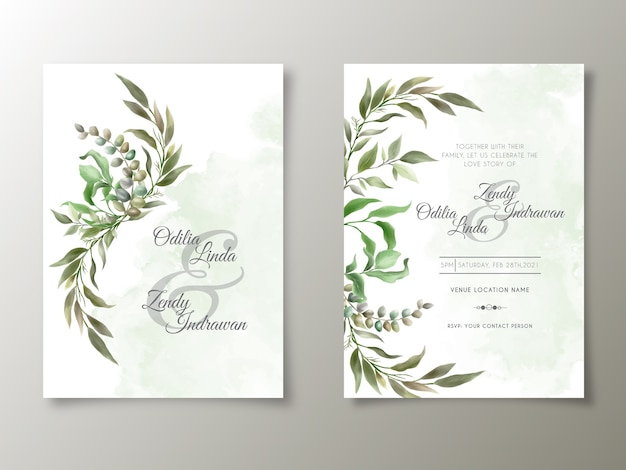 beautiful and greenery leaves wedding invitation card template