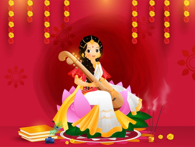 Beautiful greeting card design with goddess saraswati character