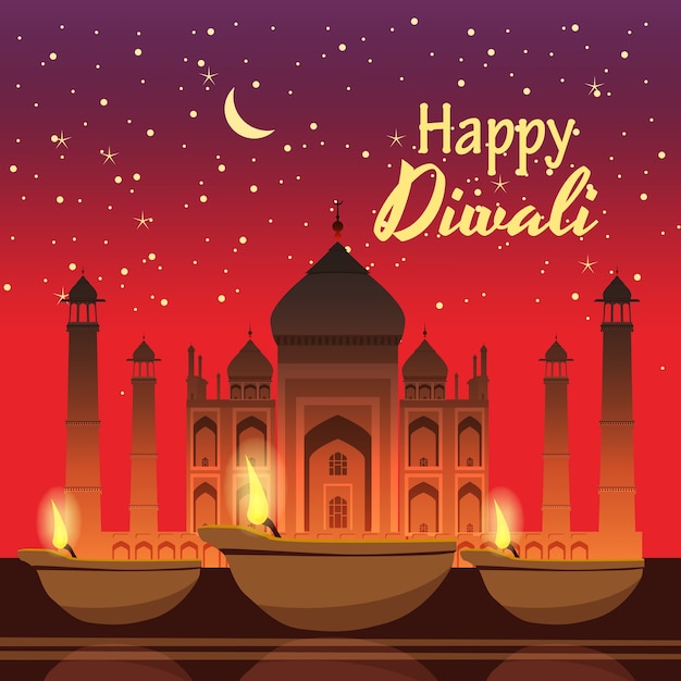 Beautiful greeting card for holiday diwali with burning diy, background Taj Mahal, night