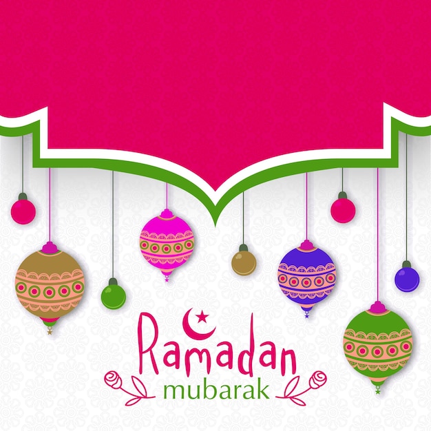 Vector beautiful greeting card with colorful hanging traditional lanterns and lights on seamless floral design decorated background for islamic holy month ramadan mubarak celebration