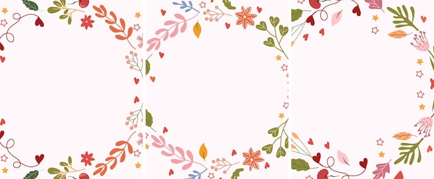 Beautiful greeting cards with wreaths of flowers, leaves and hearts in a around. vector