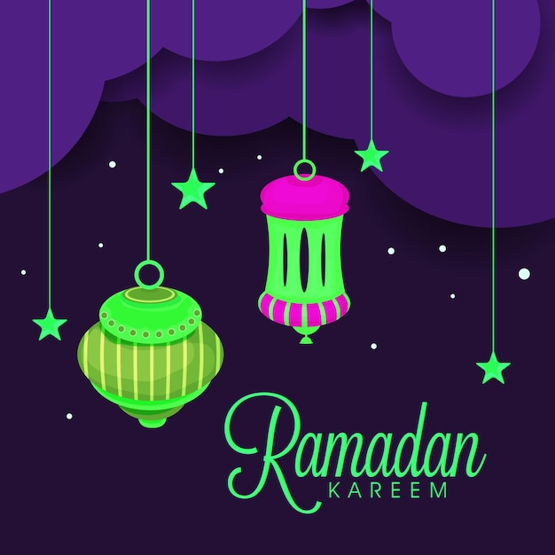 Vector beautiful greeting or invitation card design decorated with colourful arabic lanterns and golden stars for islamic holy month of prayers ramadan kareem celebrations