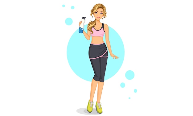 Vector beautiful gym girl standing pose holding a water bottle