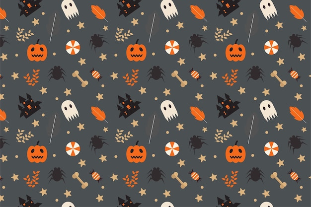 Vector beautiful halloween element pattern vector on a dark background halloween endless pattern design for book covers backgrounds and wrapping papers halloween pattern decoration with pumpkin and ghost