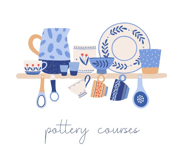 Beautiful hand crafted ceramic tableware hand drawn vector illustration. pottery courses advertisement design element. handmade plates, cups jugs and spoons with decorative hand painted ornaments.