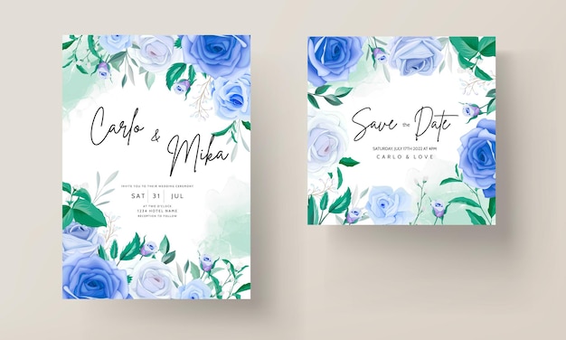 青い花の結婚式の招待カードを描く美しい手描き