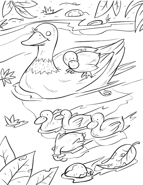 Beautiful Hand drawing Duck with ducklings Coloring Pages and Coloring Book for Kids and Adult