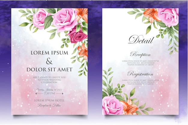 Beautiful hand drawing floral wedding invitation template