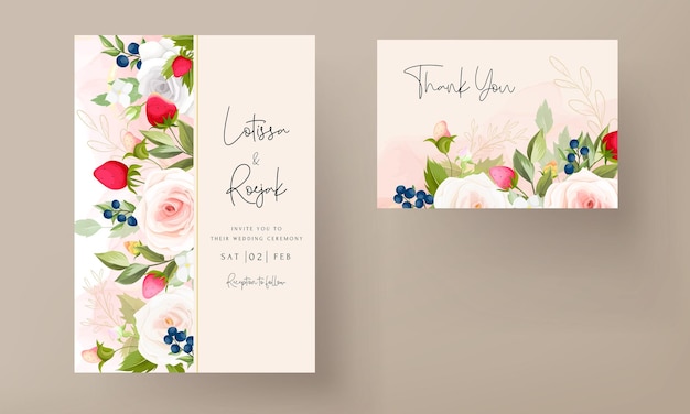 beautiful hand drawing roses flower wedding invitation card with strawberry and berry design