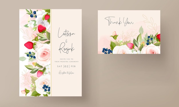 Beautiful hand drawing roses flower wedding invitation card with strawberry and berry design